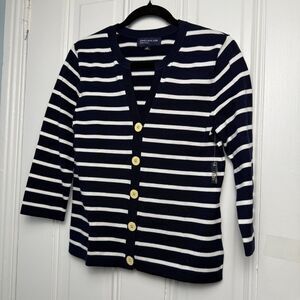 Jones New York Cardigan Womens Small Navy Blue Striped Nautical Beach NWT